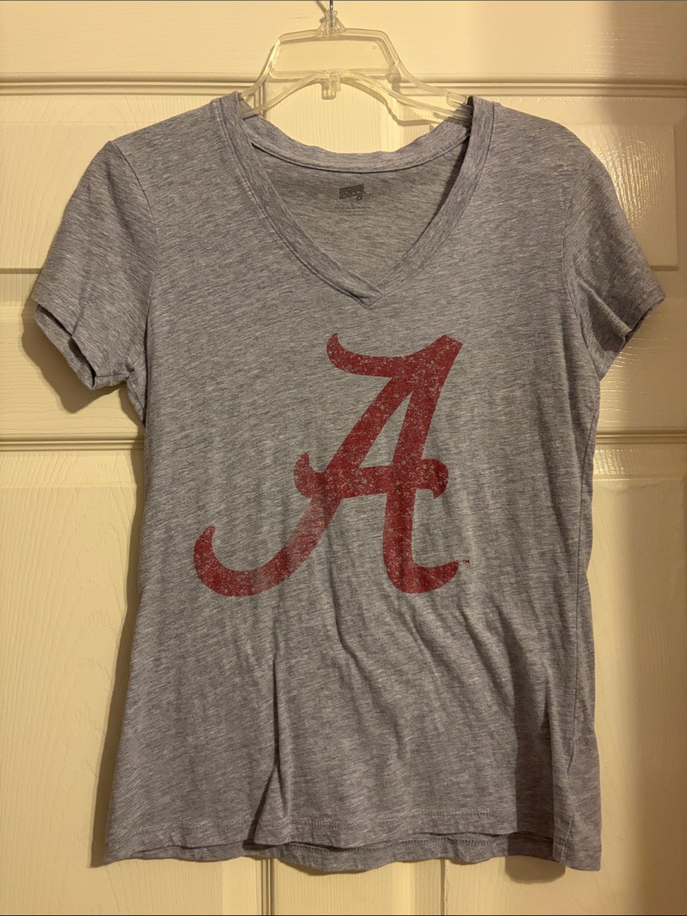 University of Alabama Gray V-Neck Tee with Red Script 'A' Graphic